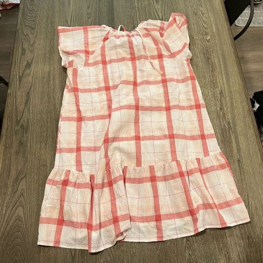 LOFT Mini Dress Flounce Ruffle Hem Tie Neck Short Sleeves Checkered Orange Large